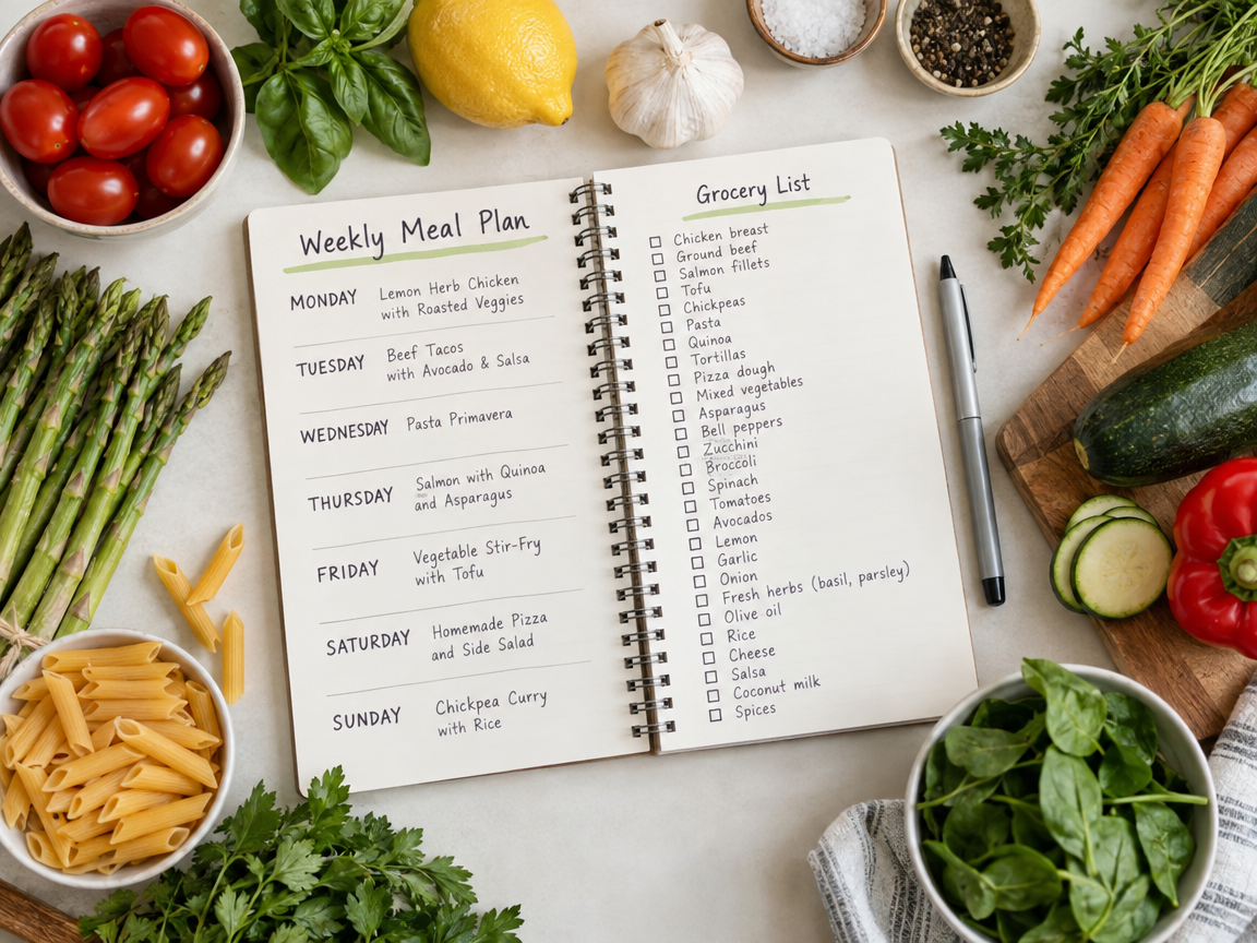 Weekly meal plan notebook with a grocery list